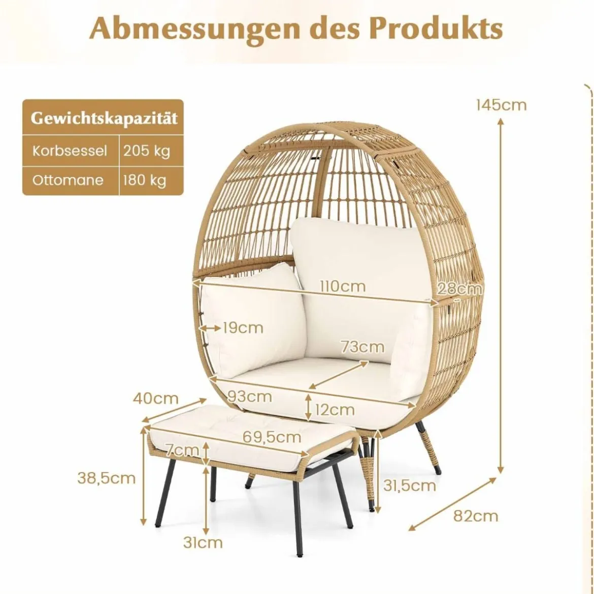 Rattan Korbsessel mit Hocker Übergroßer Gartensessel mit Kissen XXL Rattansessel Weiß