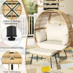 Rattan Korbsessel mit Hocker Übergroßer Gartensessel mit Kissen XXL Rattansessel Weiß