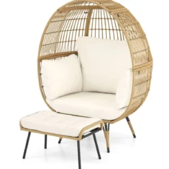 Rattan Korbsessel mit Hocker Übergroßer Gartensessel mit Kissen XXL Rattansessel Weiß