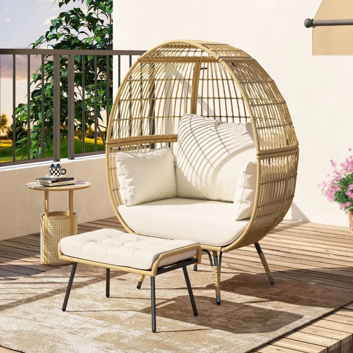 Rattan Korbsessel mit Hocker Übergroßer Gartensessel mit Kissen XXL Rattansessel Weiß
