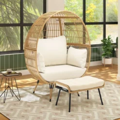 Rattan Korbsessel mit Hocker Übergroßer Gartensessel mit Kissen XXL Rattansessel Weiß