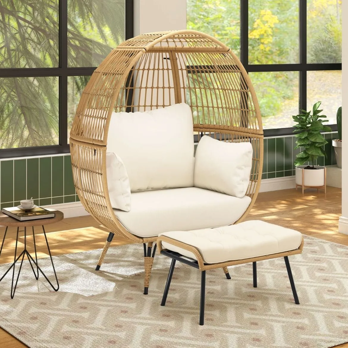 Rattan Korbsessel mit Hocker Übergroßer Gartensessel mit Kissen XXL Rattansessel Weiß