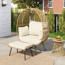 Rattan Korbsessel mit Hocker Übergroßer Gartensessel mit Kissen XXL Rattansessel Weiß