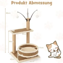 Rattan Kratzbaum mit Plattform & 3 Spielbällen & Kratzpfosten & Bett Katzenbaum Katzenkratzbaum