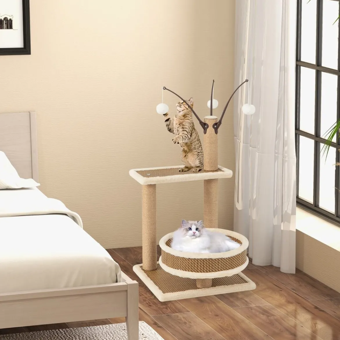 Rattan Kratzbaum mit Plattform & 3 Spielbällen & Kratzpfosten & Bett Katzenbaum Katzenkratzbaum