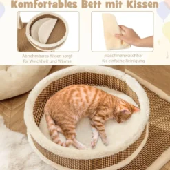 Rattan Kratzbaum mit Plattform & 3 Spielbällen & Kratzpfosten & Bett Katzenbaum Katzenkratzbaum