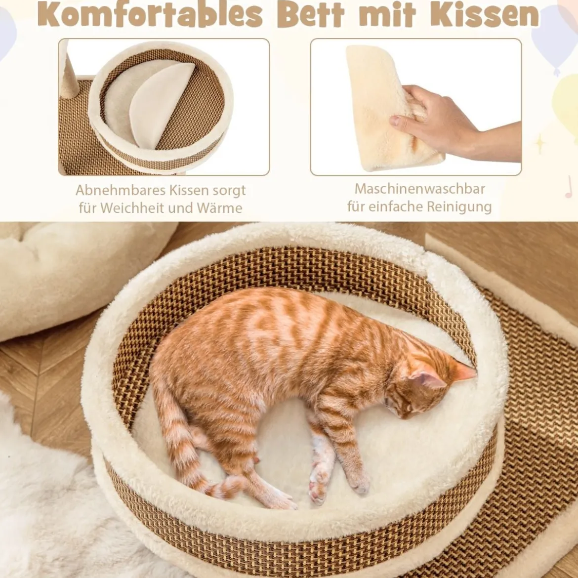 Rattan Kratzbaum mit Plattform & 3 Spielbällen & Kratzpfosten & Bett Katzenbaum Katzenkratzbaum