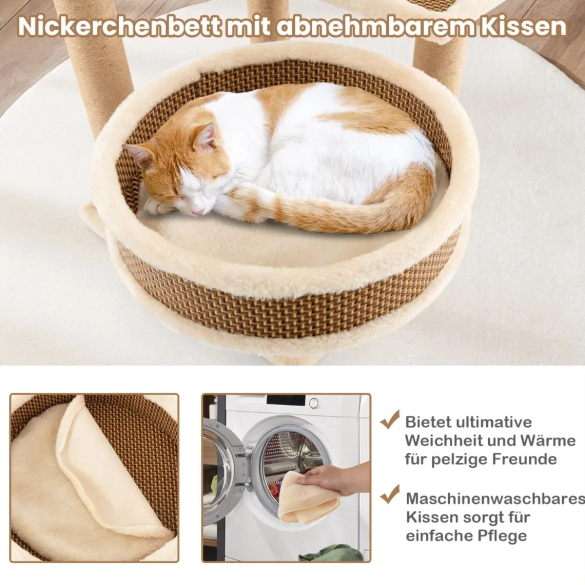 Rattan Kratzbaum mit Plattform & Spielbällen & Kratzpfosten & Bett Katzenbaum Katzenkratzbaum