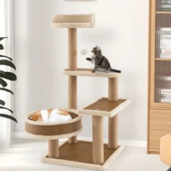 Rattan Kratzbaum mit Plattform & Spielbällen & Kratzpfosten & Bett Katzenbaum Katzenkratzbaum
