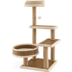 Rattan Kratzbaum mit Plattform & Spielbällen & Kratzpfosten & Bett Katzenbaum Katzenkratzbaum