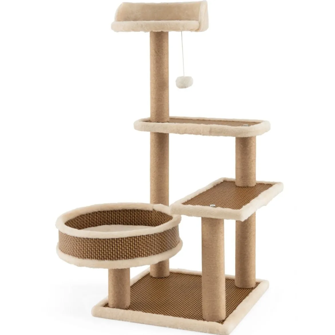 Rattan Kratzbaum mit Plattform & Spielbällen & Kratzpfosten & Bett Katzenbaum Katzenkratzbaum