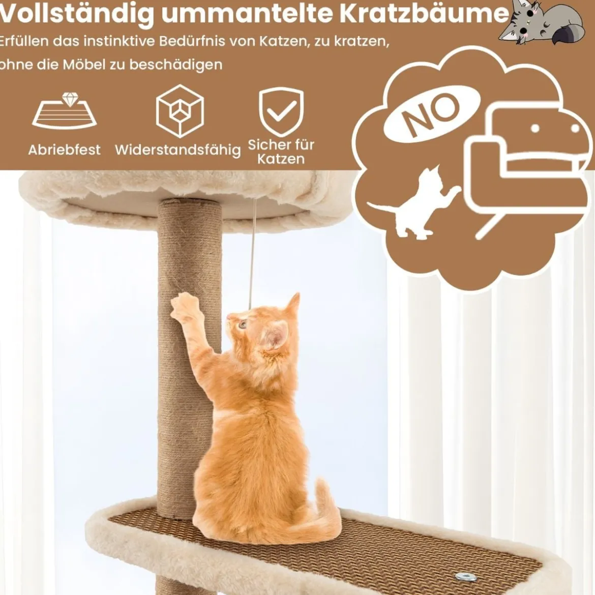 Rattan Kratzbaum mit Plattform & Spielbällen & Kratzpfosten & Bett Katzenbaum Katzenkratzbaum