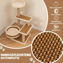 Rattan Kratzbaum mit Plattform & Spielbällen & Kratzpfosten & Bett Katzenbaum Katzenkratzbaum