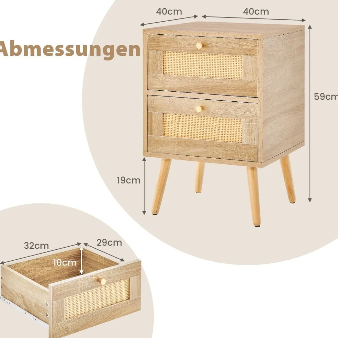 Rattan Nachttisch im Boho-Stil mit 2 Schubladen & Massivholzbeinen Moderner Nachtschrank