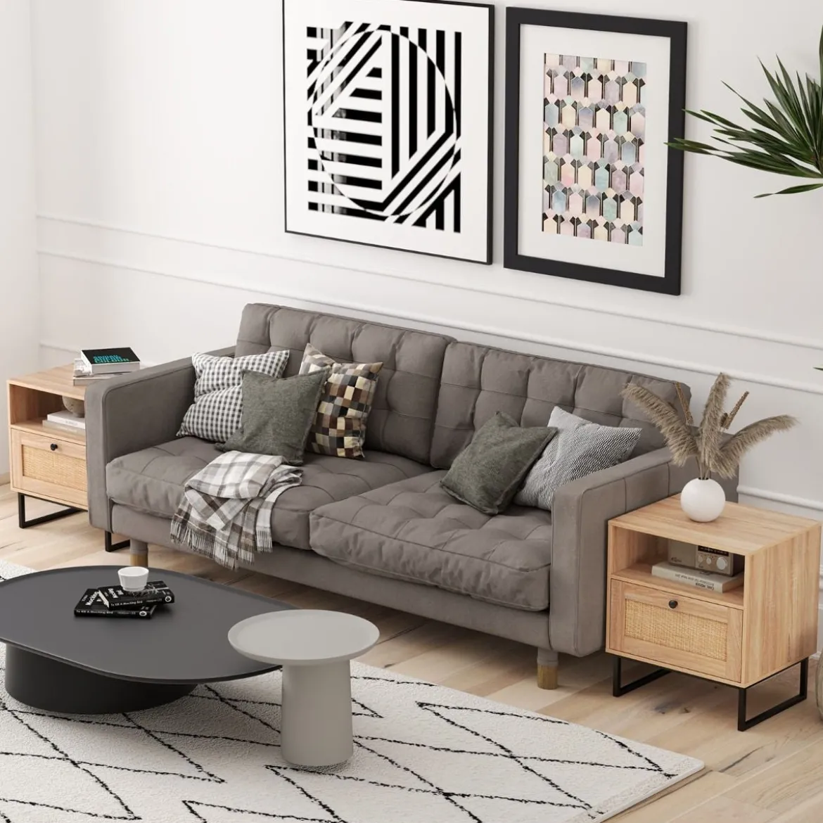 Rattan Nachttisch im Mittelalterstil mit Schublade & Offenem Fach Beistelltisch Akzenttisch