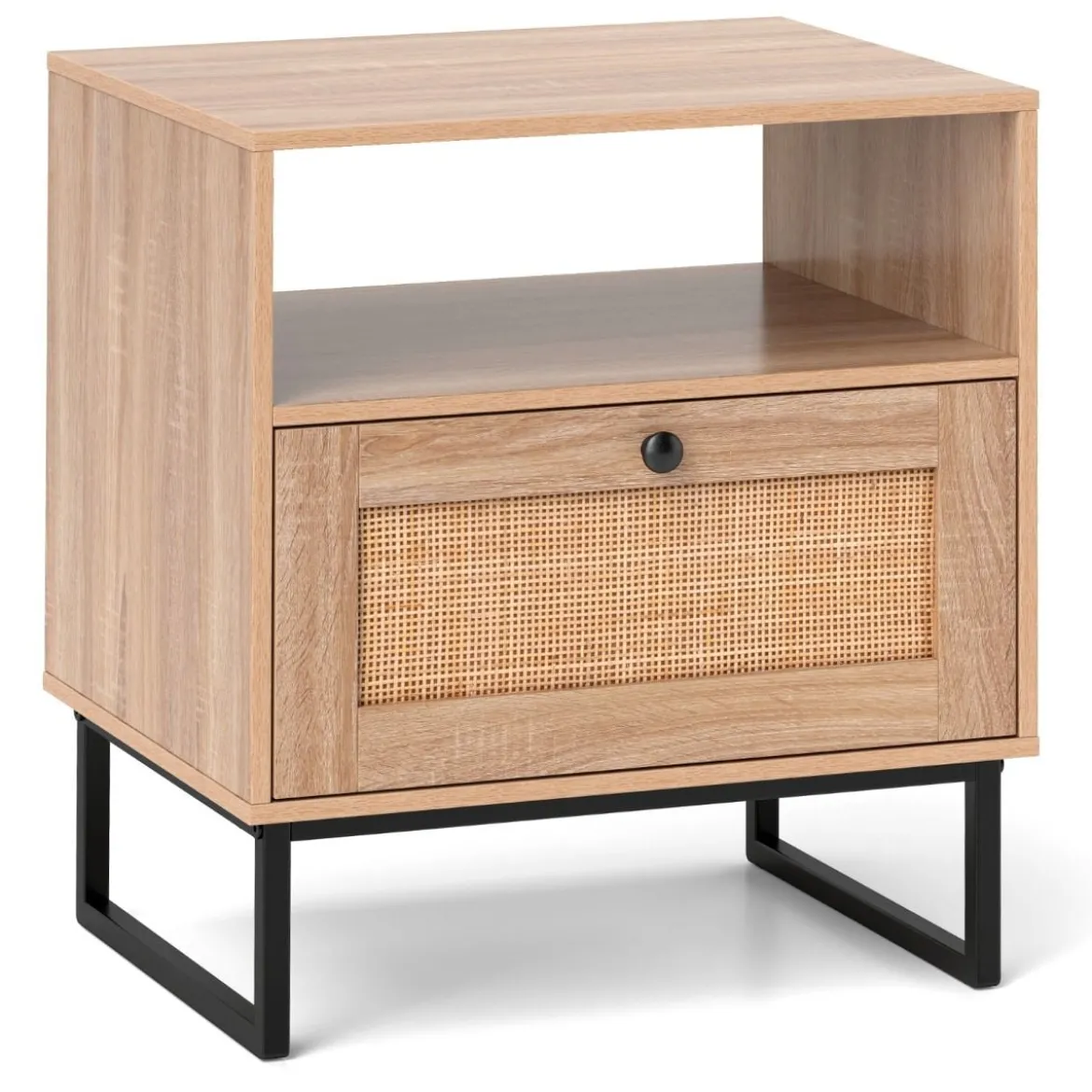 Rattan Nachttisch im Mittelalterstil mit Schublade & Offenem Fach Beistelltisch Akzenttisch