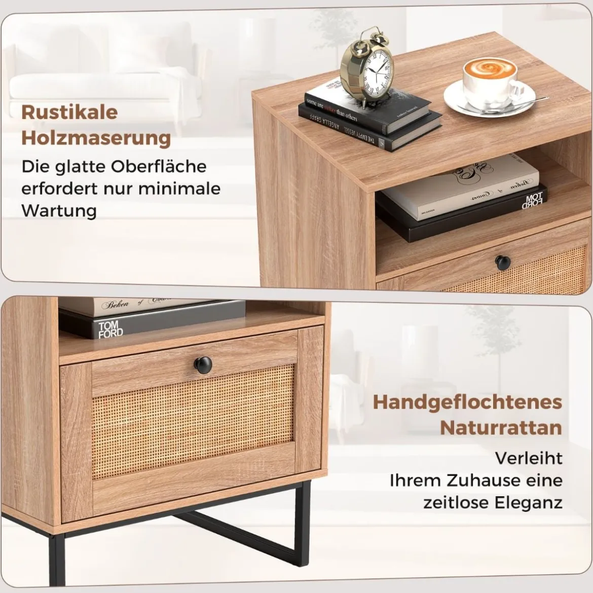 Rattan Nachttisch im Mittelalterstil mit Schublade & Offenem Fach Beistelltisch Akzenttisch