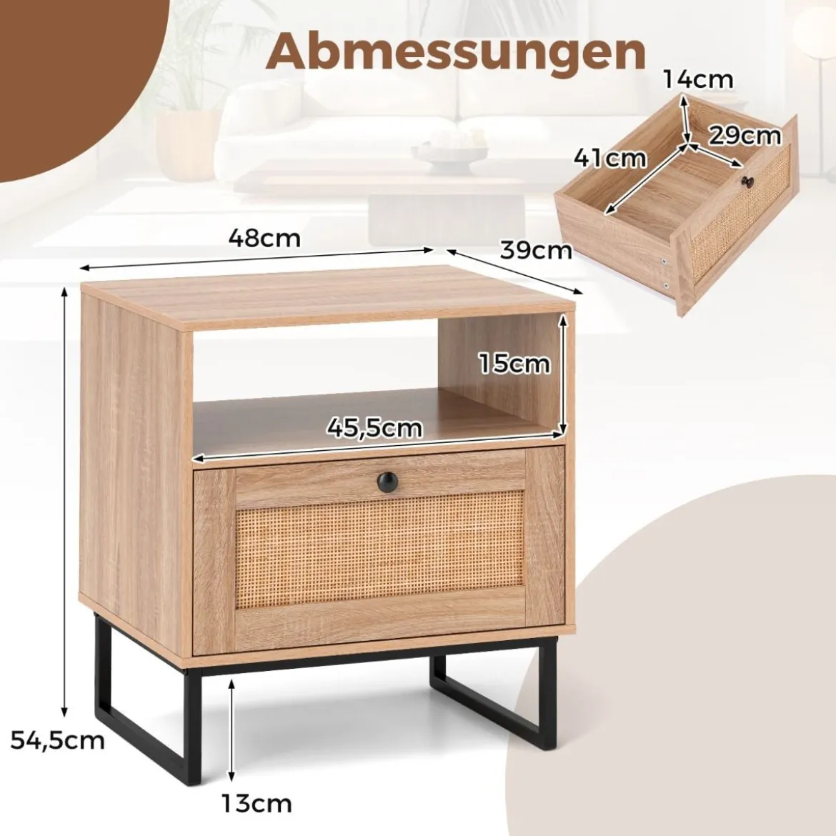 Rattan Nachttisch im Mittelalterstil mit Schublade & Offenem Fach Beistelltisch Akzenttisch