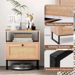 Rattan Nachttisch im Mittelalterstil mit Schublade & Offenem Fach Beistelltisch Akzenttisch