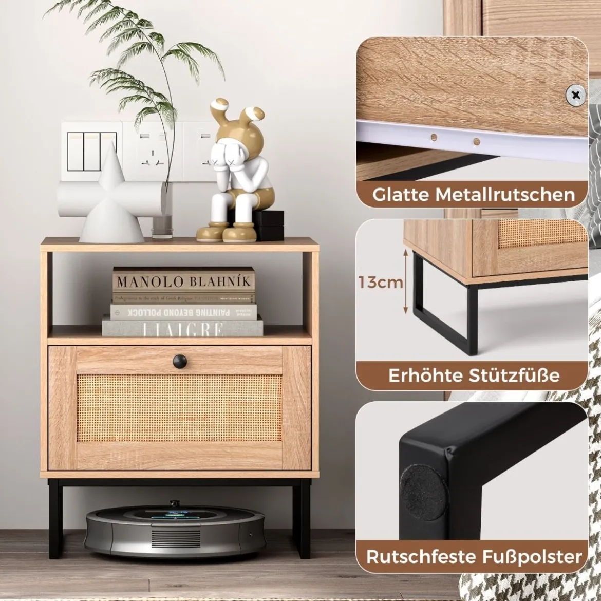 Rattan Nachttisch im Mittelalterstil mit Schublade & Offenem Fach Beistelltisch Akzenttisch
