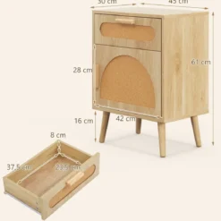 Rattan Nachttisch mit Schublade & Schrank Nachtschrank im Boho-Stil Beistelltisch Sofatisch