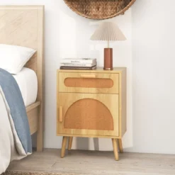 Rattan Nachttisch mit Schublade & Schrank Nachtschrank im Boho-Stil Beistelltisch Sofatisch
