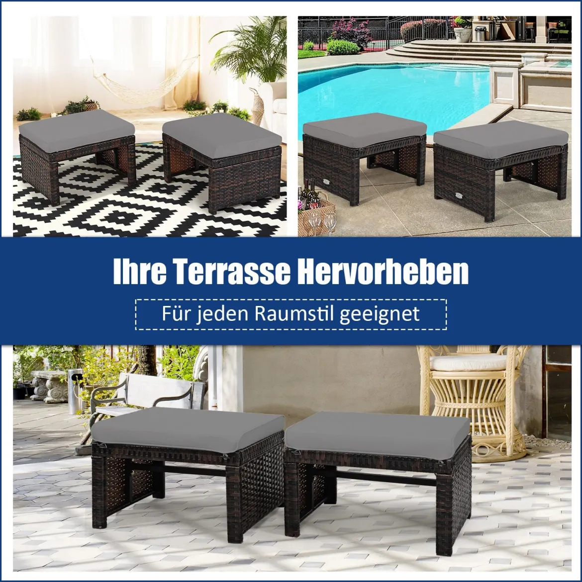 2 Rattan Ottomanen Outdoor Ottomane PE Rattansitz mit kissen 49 x 40 x 33 cm Grau