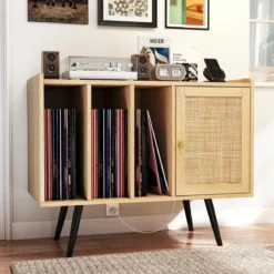 Rattan Plattenspieler-Ständer mit Ladestation Vinyl Schallplattenspieler Tisch für 220 Schallplatten Natur