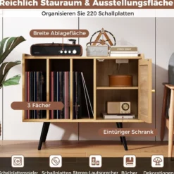 Rattan Plattenspieler-Ständer mit Ladestation Vinyl Schallplattenspieler Tisch für 220 Schallplatten Natur