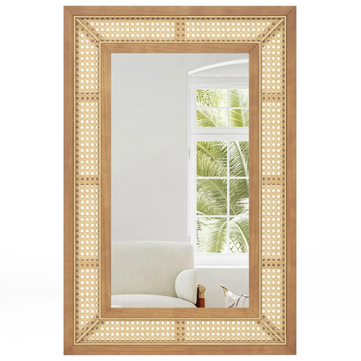 Rattan Rechteckiger Wandspiegel mit Holzrahmen & Haken Dekorativer Spiegel Wandmontage