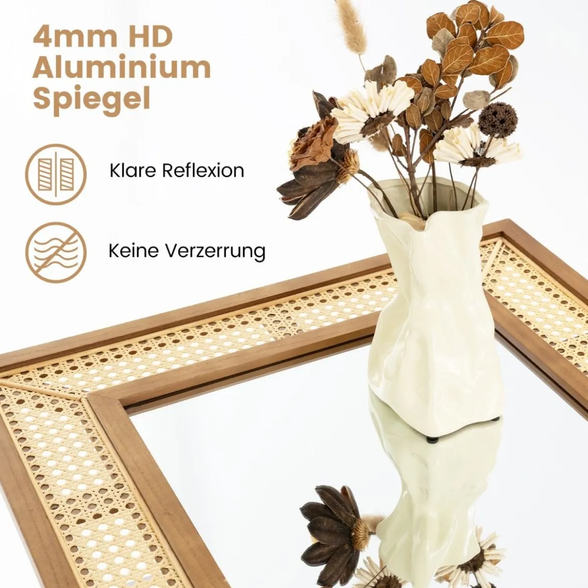 Rattan Rechteckiger Wandspiegel mit Holzrahmen & Haken Dekorativer Spiegel Wandmontage