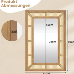 Rattan Rechteckiger Wandspiegel mit Holzrahmen & Haken Dekorativer Spiegel Wandmontage