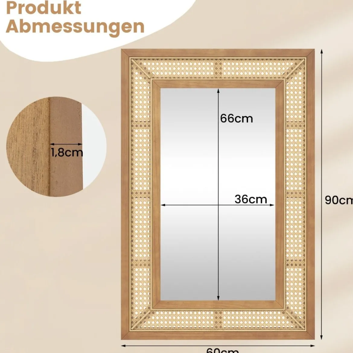 Rattan Rechteckiger Wandspiegel mit Holzrahmen & Haken Dekorativer Spiegel Wandmontage