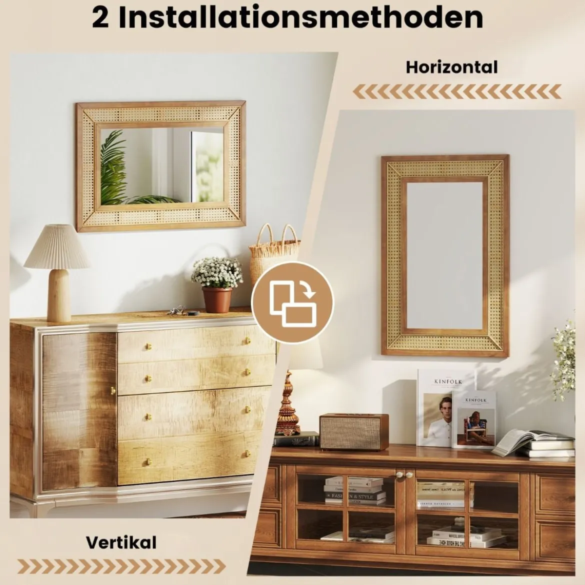 Rattan Rechteckiger Wandspiegel mit Holzrahmen & Haken Dekorativer Spiegel Wandmontage