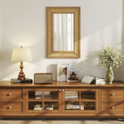 Rattan Rechteckiger Wandspiegel mit Holzrahmen & Haken Dekorativer Spiegel Wandmontage