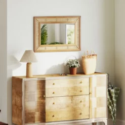 Rattan Rechteckiger Wandspiegel mit Holzrahmen & Haken Dekorativer Spiegel Wandmontage