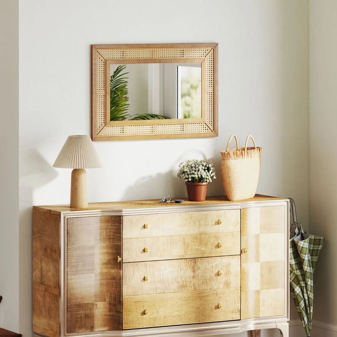 Rattan Rechteckiger Wandspiegel mit Holzrahmen & Haken Dekorativer Spiegel Wandmontage