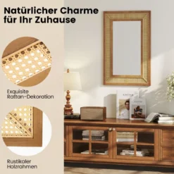Rattan Rechteckiger Wandspiegel mit Holzrahmen & Haken Dekorativer Spiegel Wandmontage