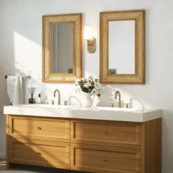 Rattan Rechteckiger Wandspiegel mit Holzrahmen & Haken Dekorativer Spiegel Wandmontage