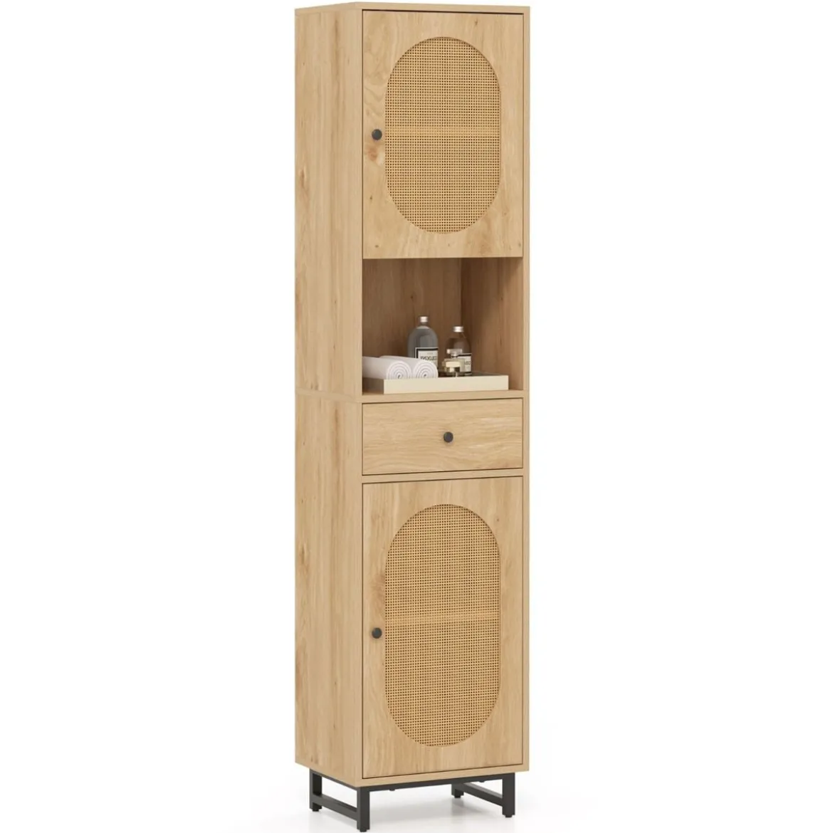 Rattan Schmaler Badezimmerschrank mit Türen & Verstellbaren Einlegeböden & Schublade