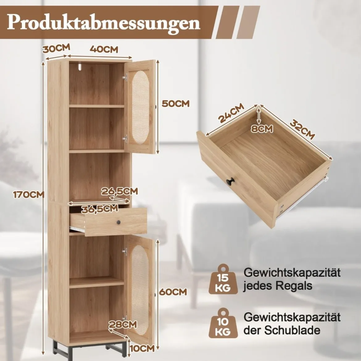 Rattan Schmaler Badezimmerschrank mit Türen & Verstellbaren Einlegeböden & Schublade