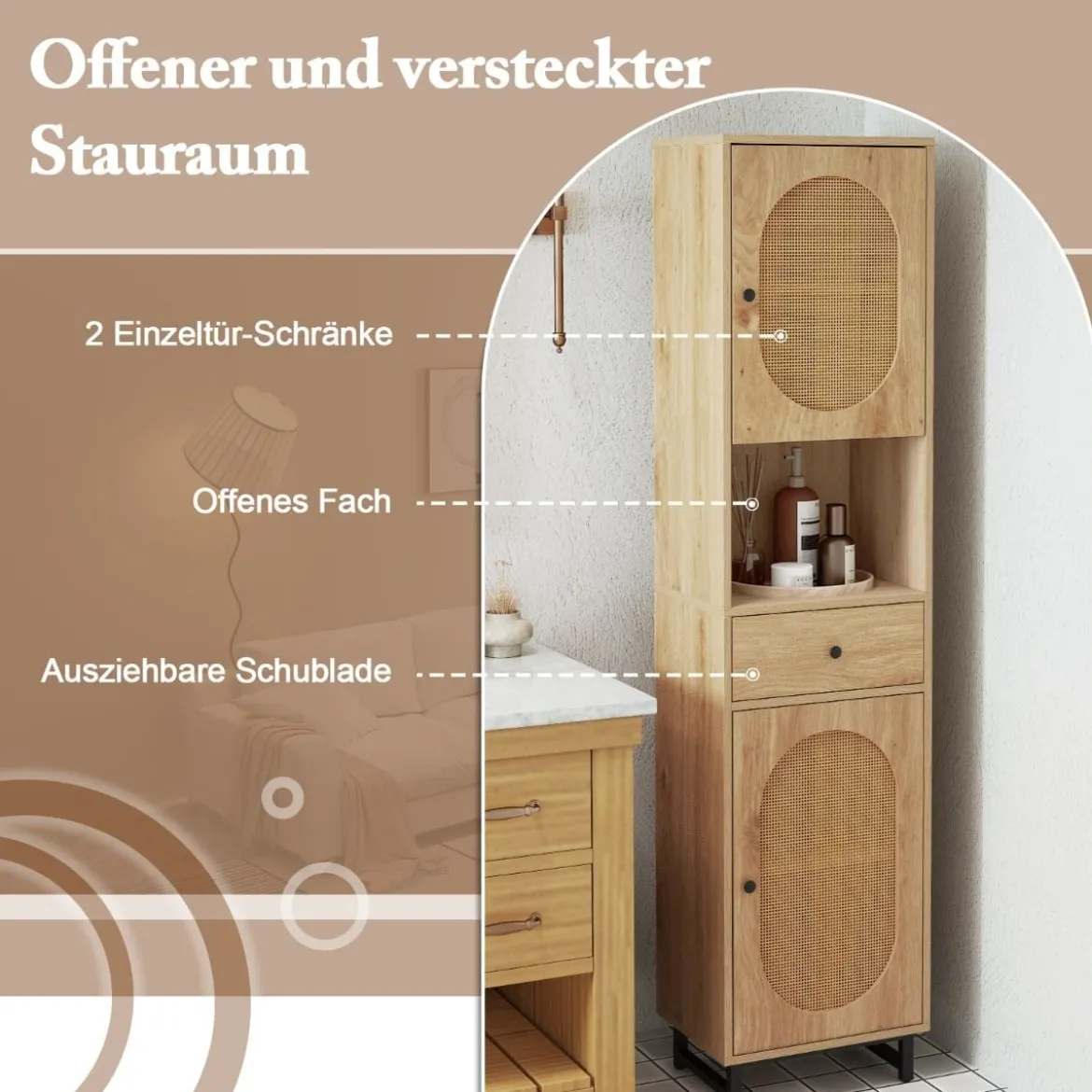 Rattan Schmaler Badezimmerschrank mit Türen & Verstellbaren Einlegeböden & Schublade