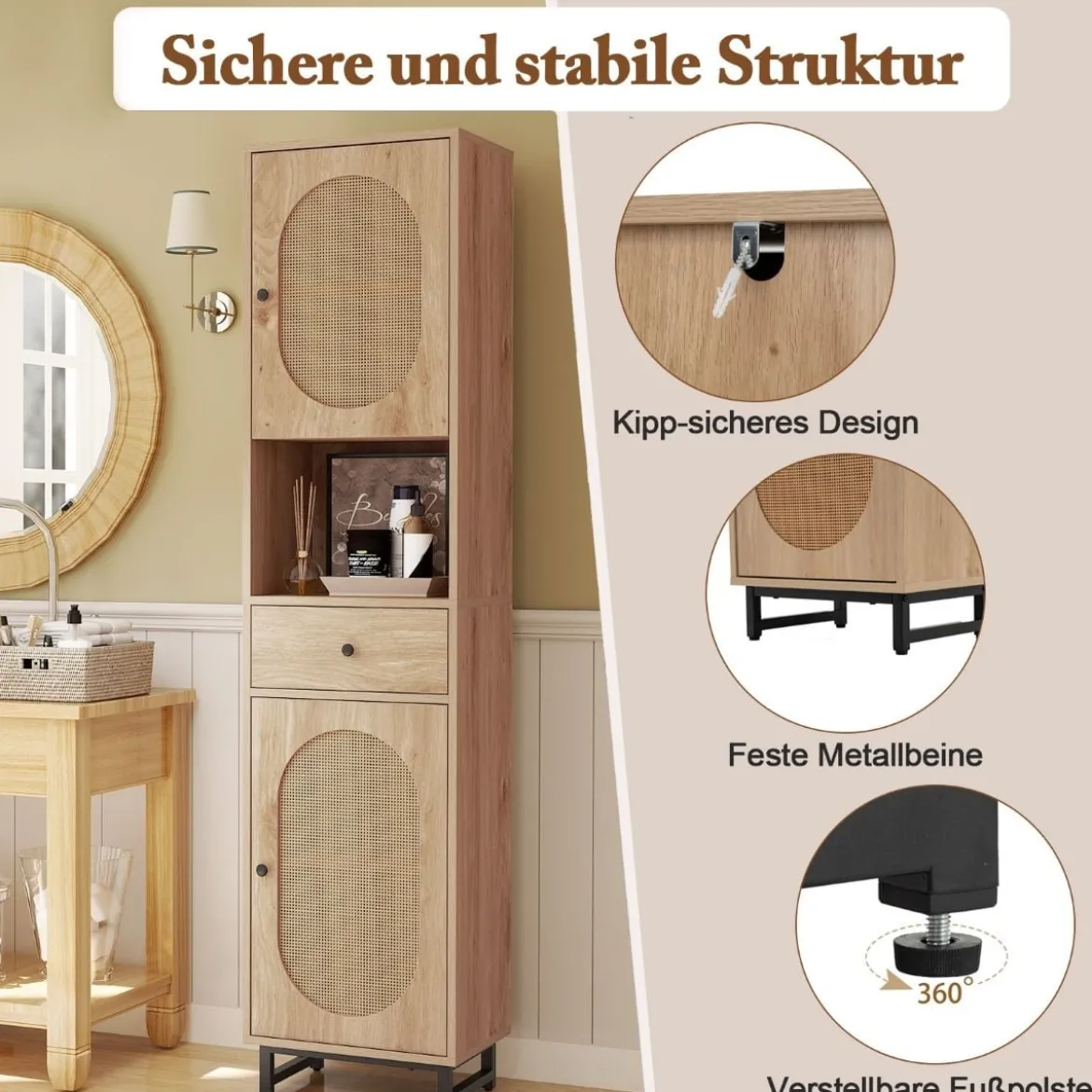 Rattan Schmaler Badezimmerschrank mit Türen & Verstellbaren Einlegeböden & Schublade