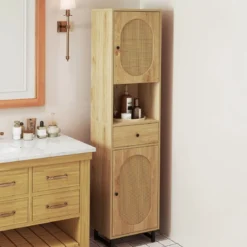 Rattan Schmaler Badezimmerschrank mit Türen & Verstellbaren Einlegeböden & Schublade