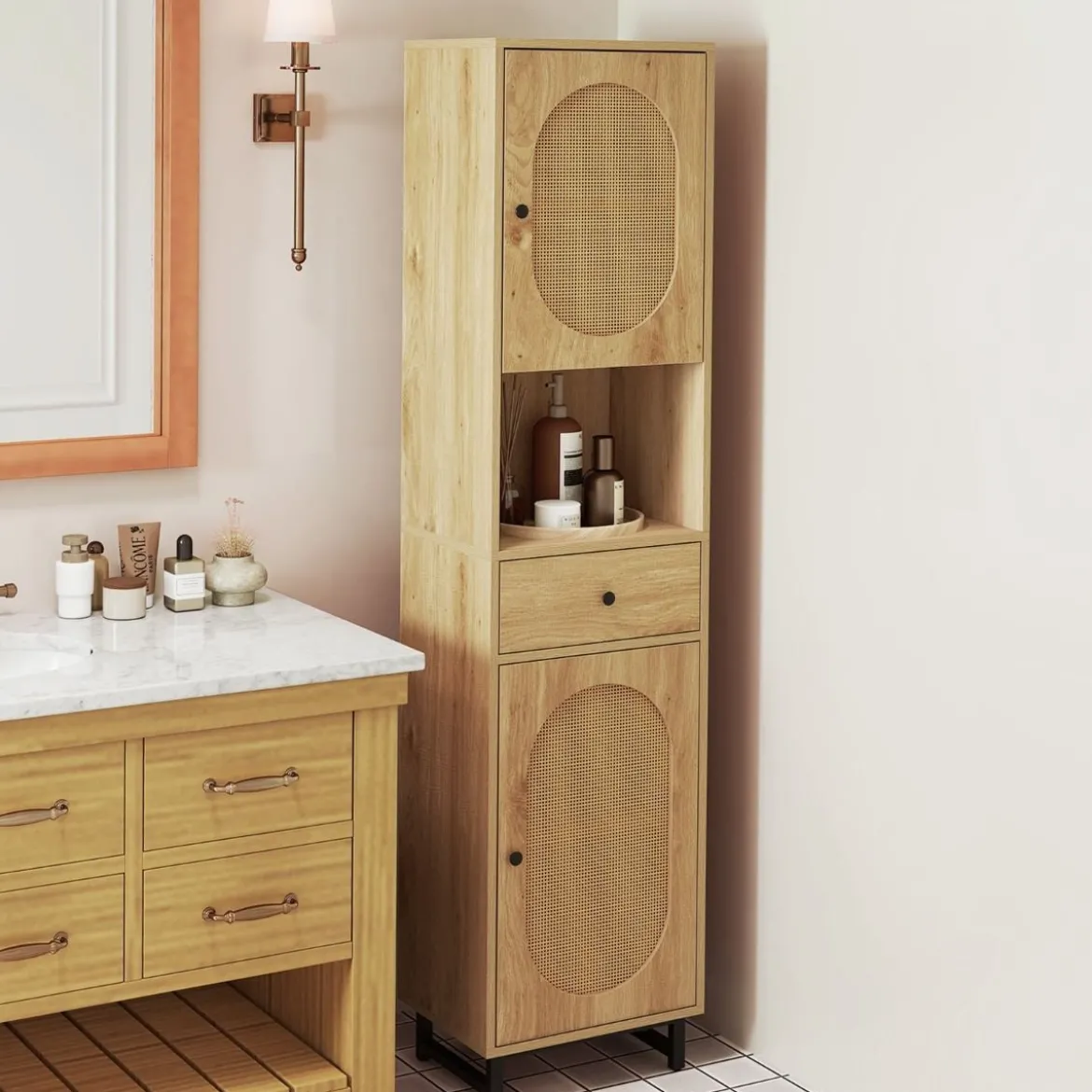 Rattan Schmaler Badezimmerschrank mit Türen & Verstellbaren Einlegeböden & Schublade