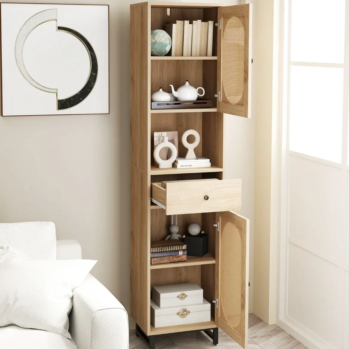 Rattan Schmaler Badezimmerschrank mit Türen & Verstellbaren Einlegeböden & Schublade