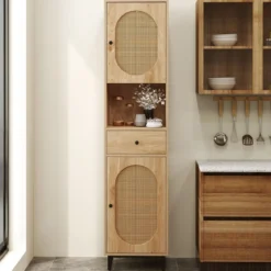 Rattan Schmaler Badezimmerschrank mit Türen & Verstellbaren Einlegeböden & Schublade