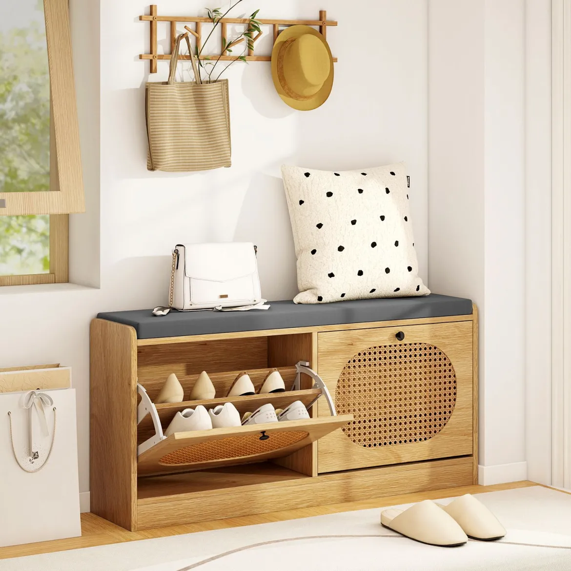 Rattan Schuhbank mit 2 Klappen & Verstellbaren Regalen & Gepolsterter Sitzfläche Schuhschrank