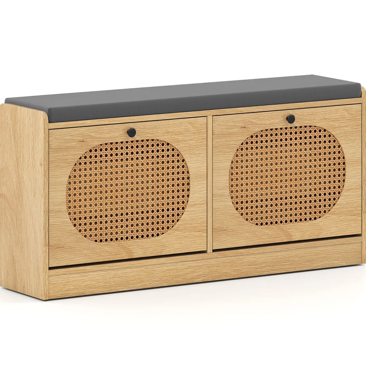 Rattan Schuhbank mit 2 Klappen & Verstellbaren Regalen & Gepolsterter Sitzfläche Schuhschrank