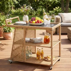 Rattan Servierwagen mit Rollen & Arbeitsplatte & Offenen Ablagen & Seitlichem Griff Küchenwagen